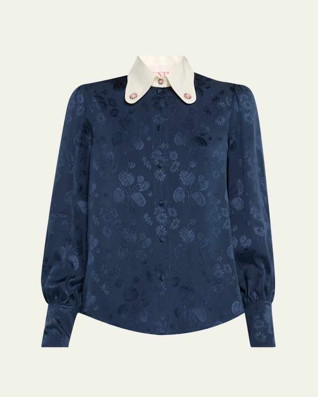 Floral Silk Jacquard Round-Collar Button-Down Blouse
